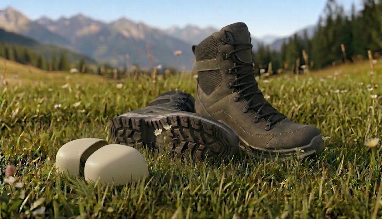 Bio-Toe PA56 toe cap beside safety boot in alpine meadow