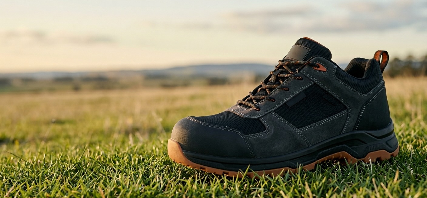 Modern safety boot on grass field at golden hour