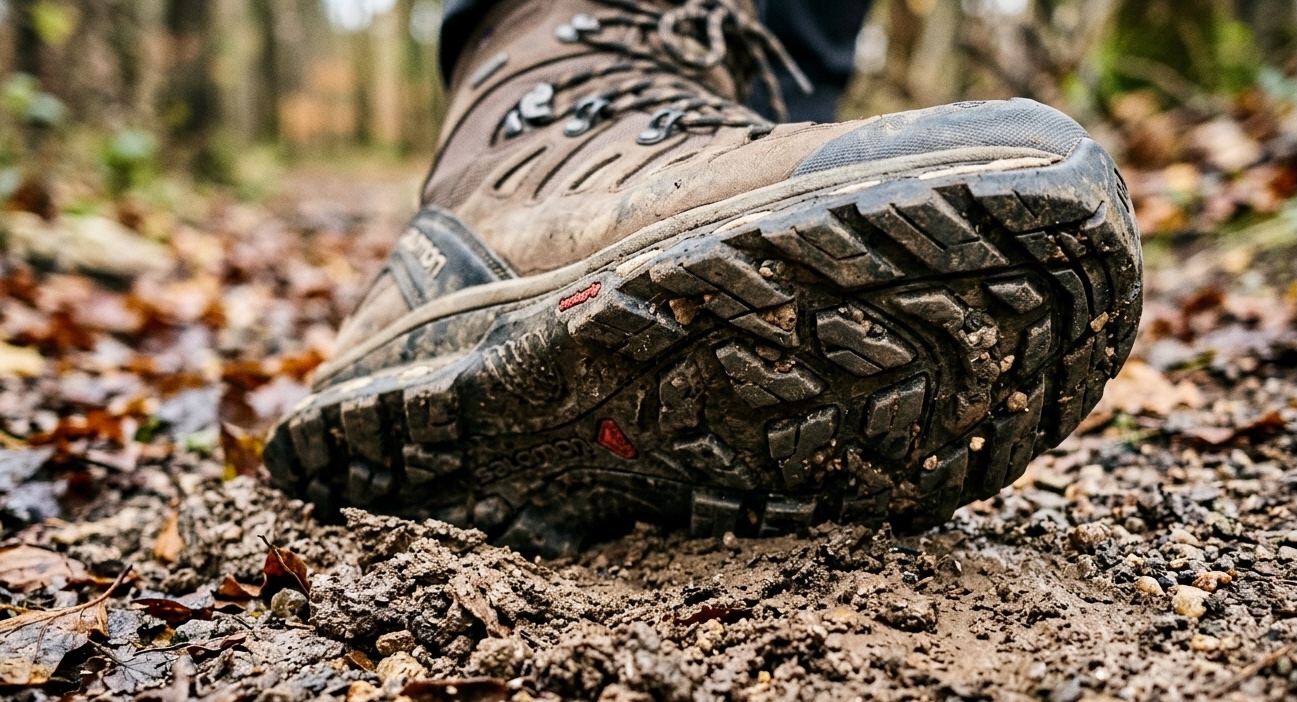 Safety boot outsole in action on rough terrain
